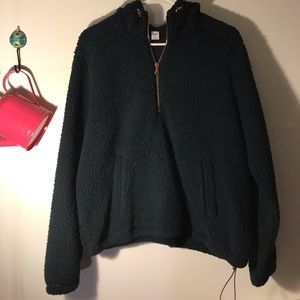 Fuzzy dark green crewneck quarter zip sweater